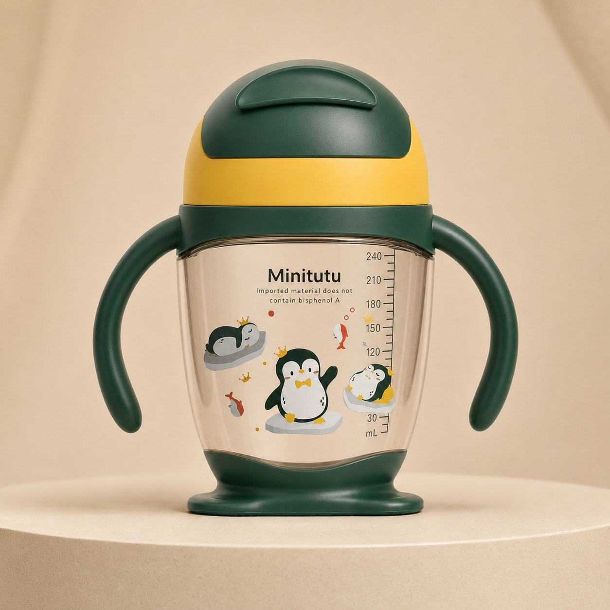 Minitutu Penguin Dual-Use Water Cup 300ml CB813-1 – Yellow-Green, 12+ Months